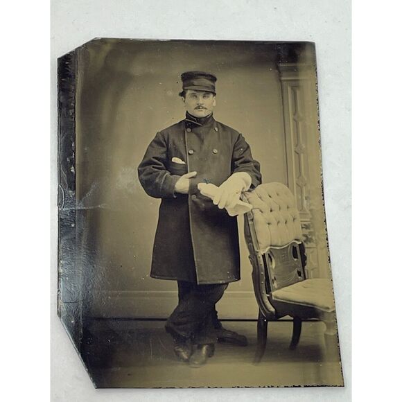 Antique Tintype Man in Uniform Perhaps Fireman with Gloves One Hand Tucked - Picture 1 of 4